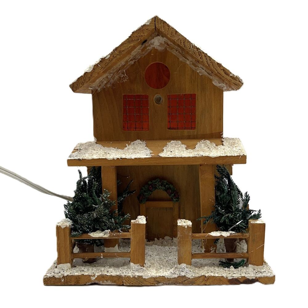 Frosty Wooden Village House Christmas Lamp with Red Lighting Winter Decor